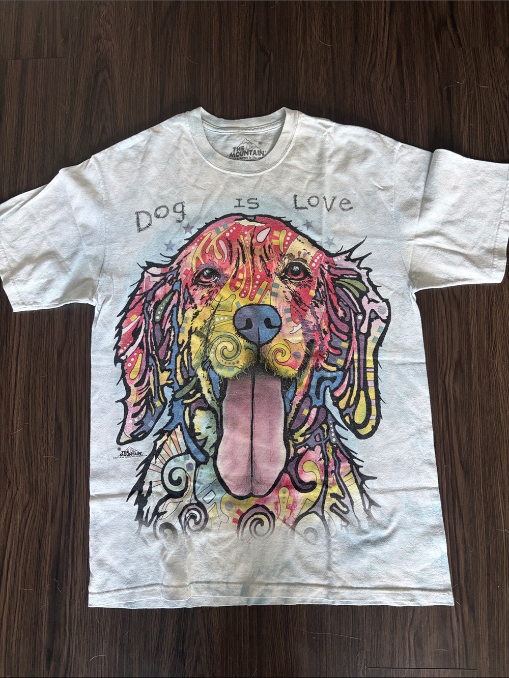 The Mountain White Tee with Multicolor Dog Graphic